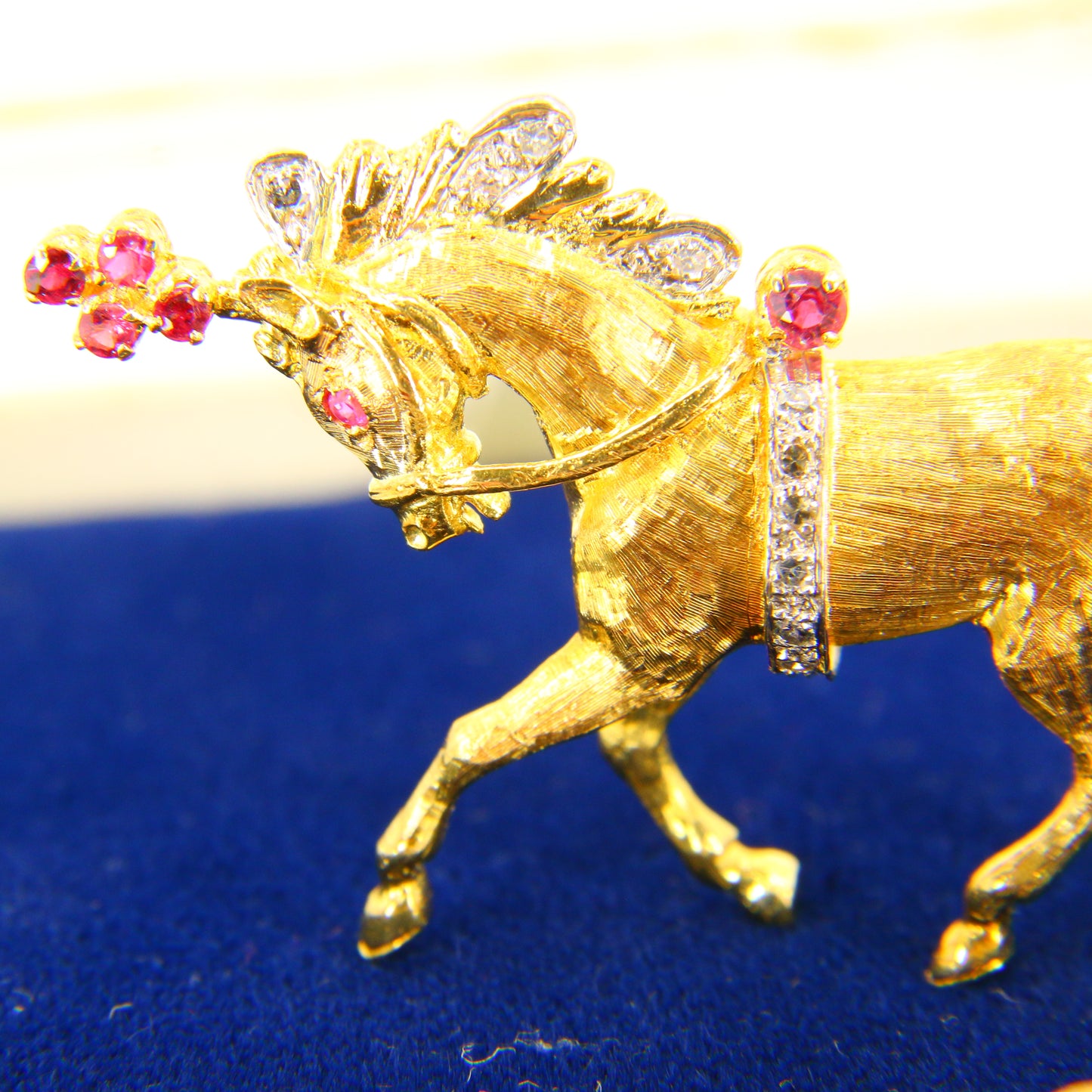 1969 Ben Rosenfeld Diamond and Ruby 18 Carat Yellow Gold Horse Brooch Hallmarked