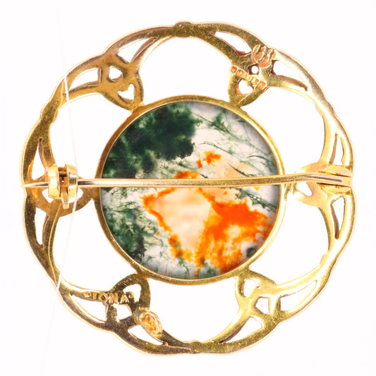 Vintage 9ct Hallmarked Gold Scottish Iona Celtic Brooch Moss Agate Boxed Gift