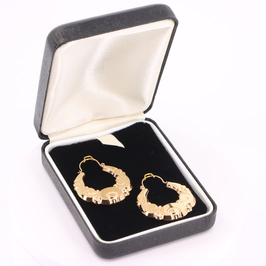 Vintage 9ct Hallmarked Yellow Gold Decorative Ornate Hoop Earrings Boxed Gift