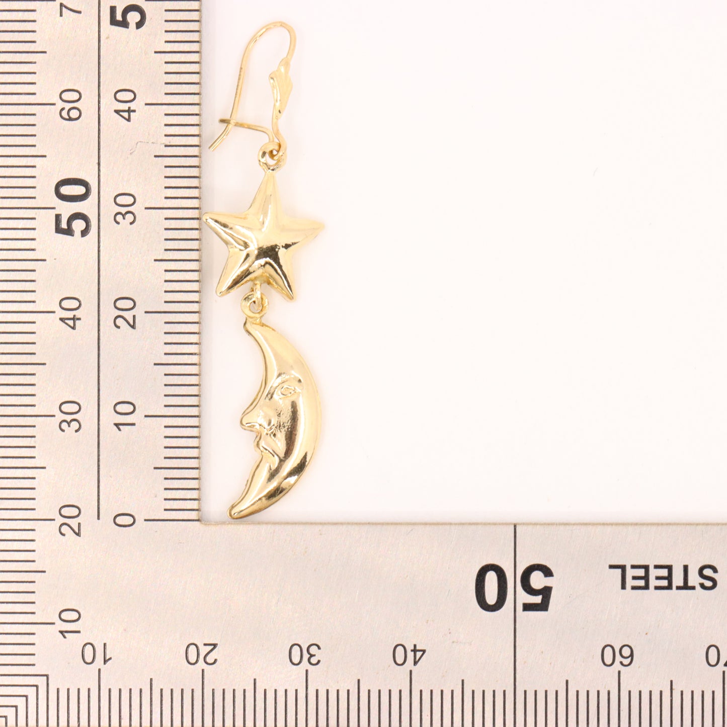 Vintage 9ct Hallmarked Gold Moon Face Star Celestial Dangle Earrings Boxed Gift