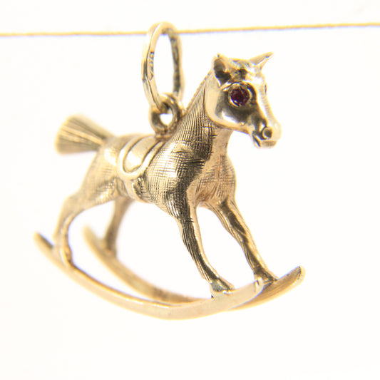 Vintage 9ct Hallmarked Rocking Horse Pendant Charm Ruby Eyes Gold Gift