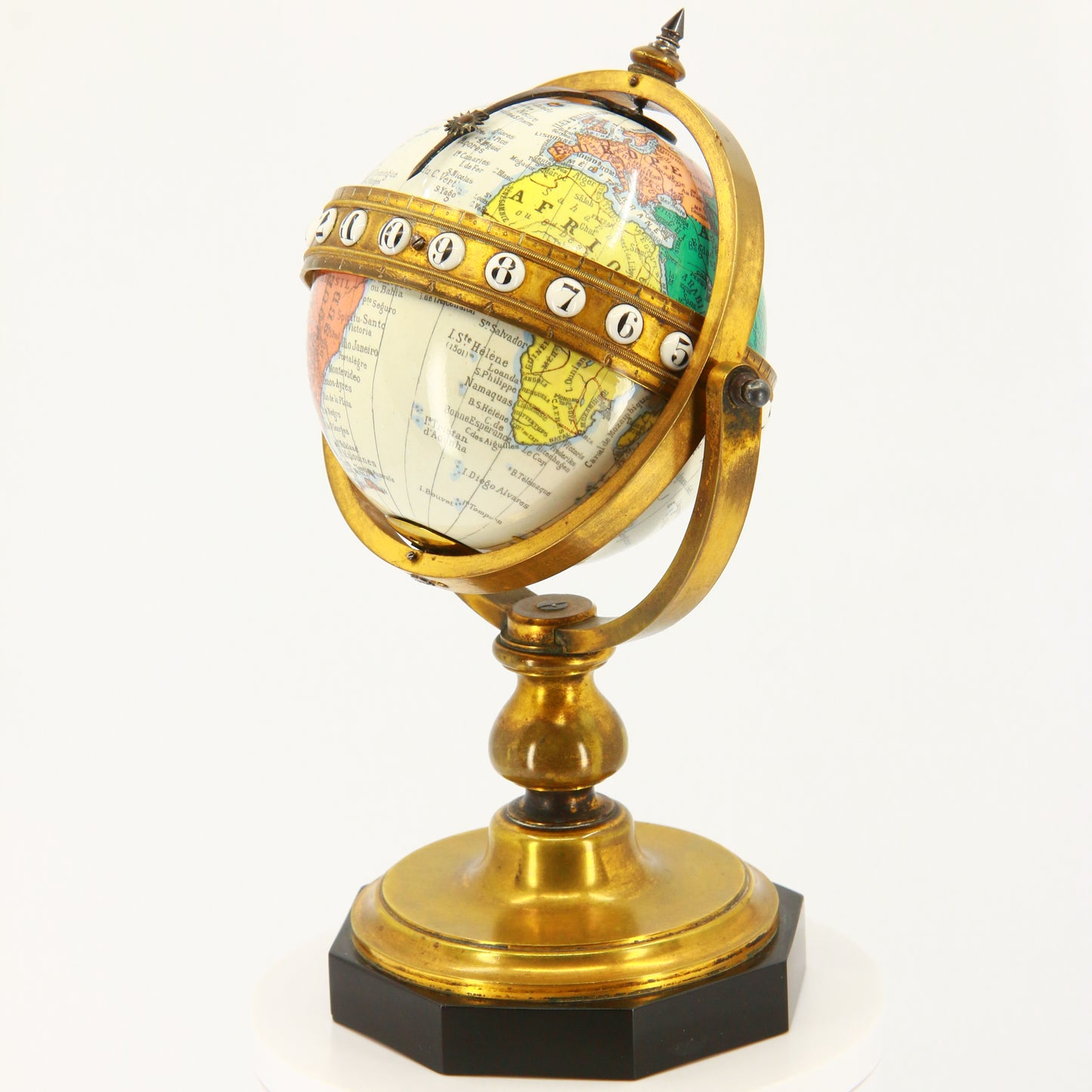 Antique Revolving Globe Antoine Redier French Enamel & Brass World Time Clock