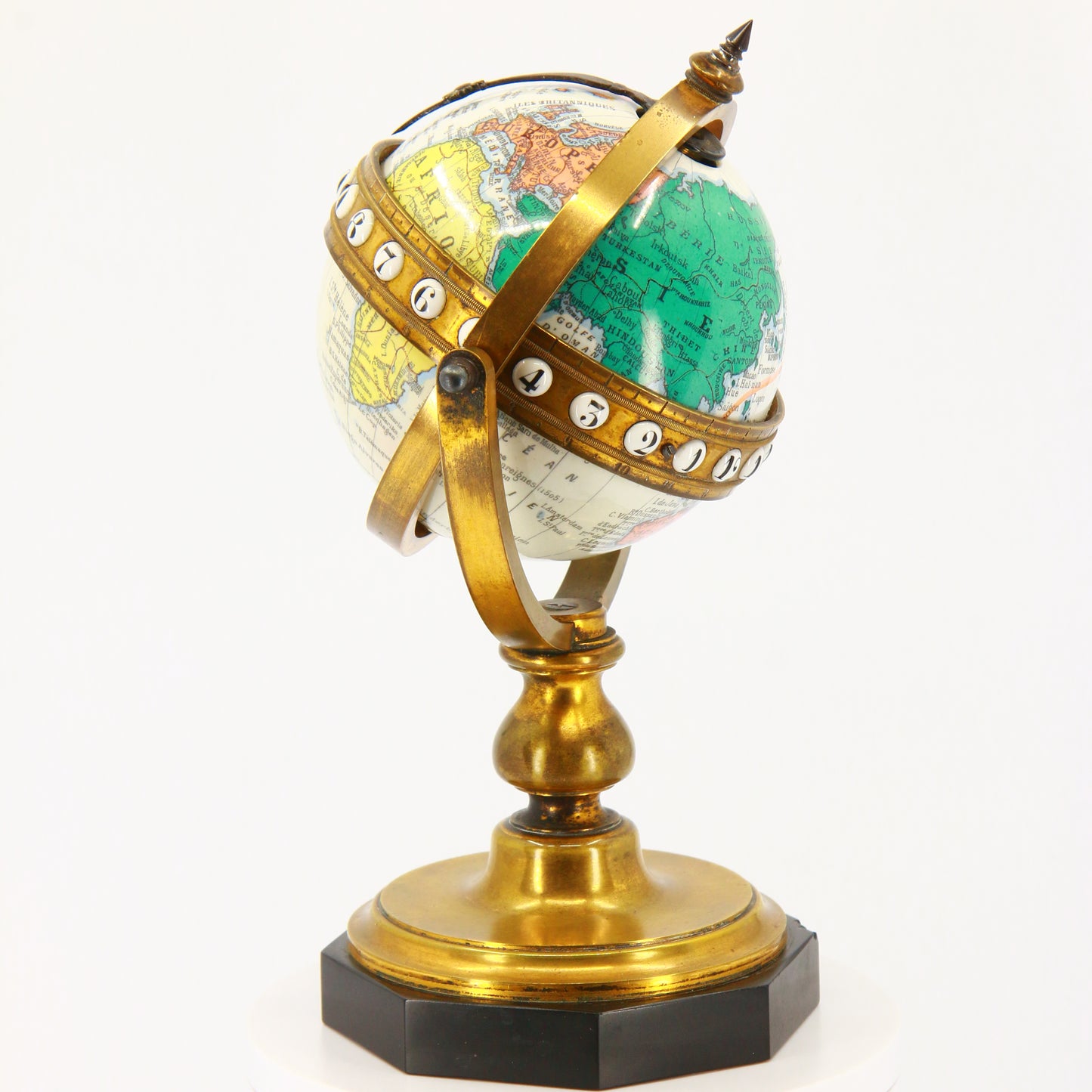 Antique Revolving Globe Antoine Redier French Enamel & Brass World Time Clock