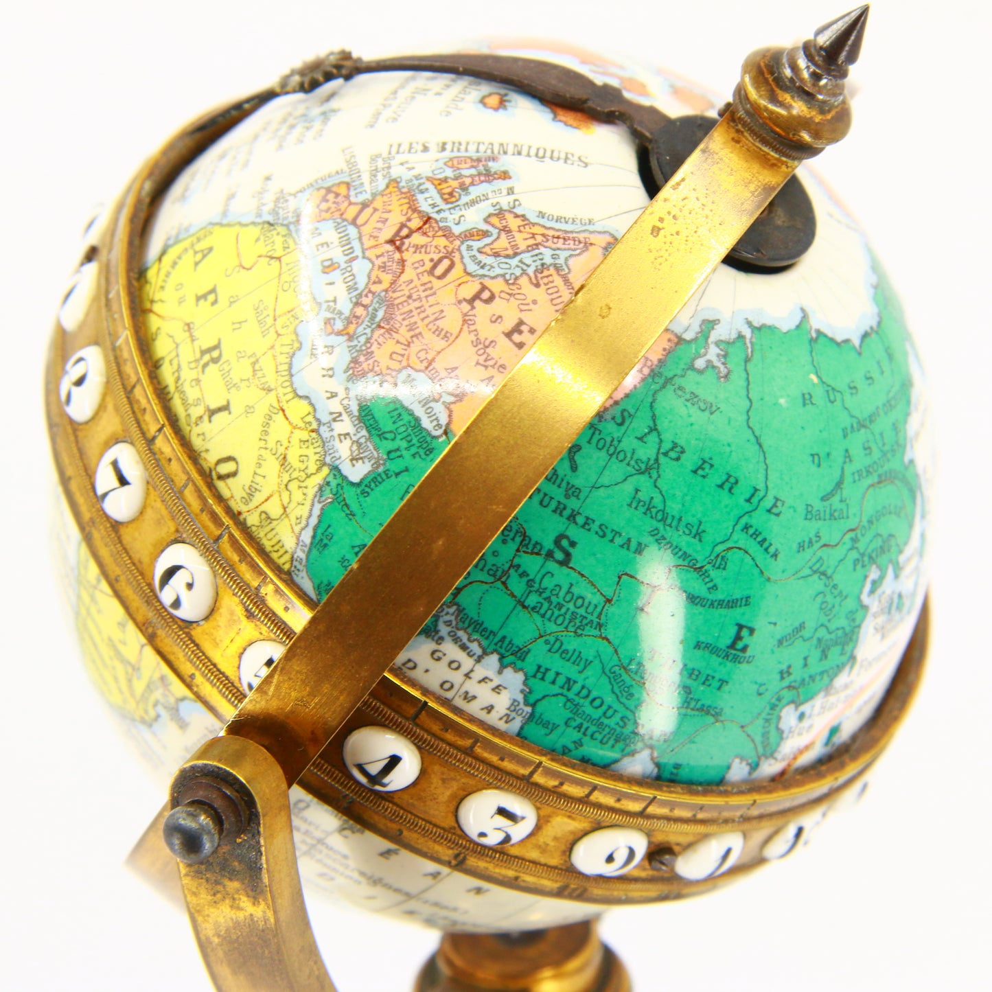Antique Revolving Globe Antoine Redier French Enamel & Brass World Time Clock