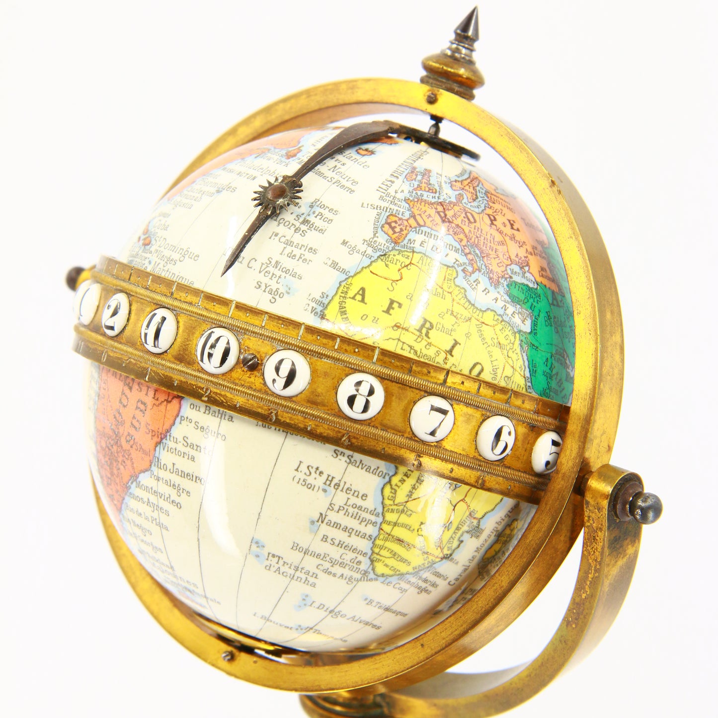 Antique Revolving Globe Antoine Redier French Enamel & Brass World Time Clock