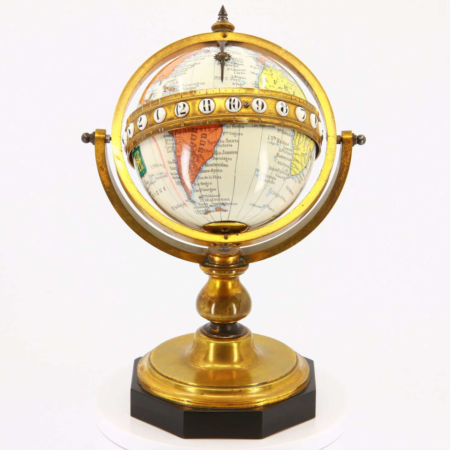 Antique Revolving Globe Antoine Redier French Enamel & Brass World Time Clock