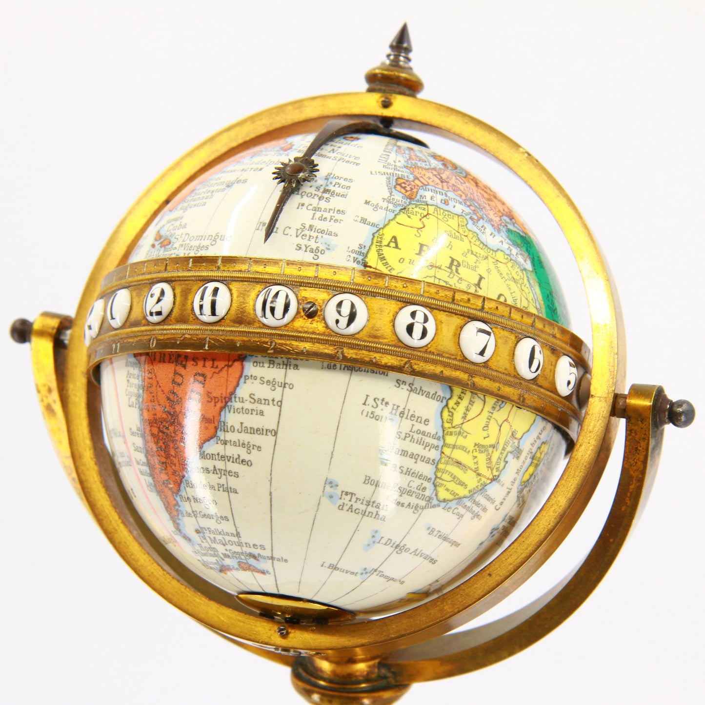 Antique Revolving Globe Antoine Redier French Enamel & Brass World Time Clock