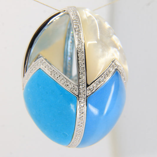 Vintage Large 18ct Gold Turquoise & Mother of Pearl 1.95ct Diamond Egg Pendant