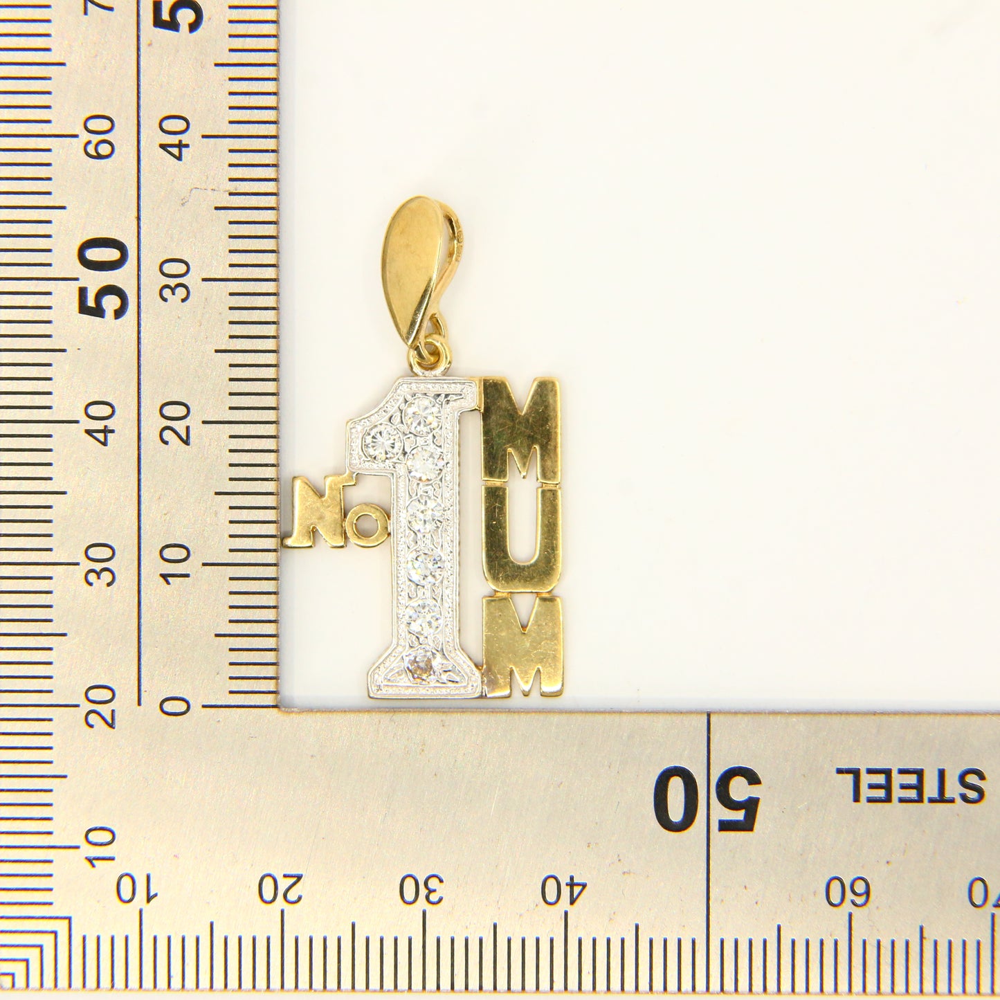 Vintage 9ct NO1 MUM Mother CZ Cubic Zirconia Solid Gold Pendant Charm Mothers Day Gift