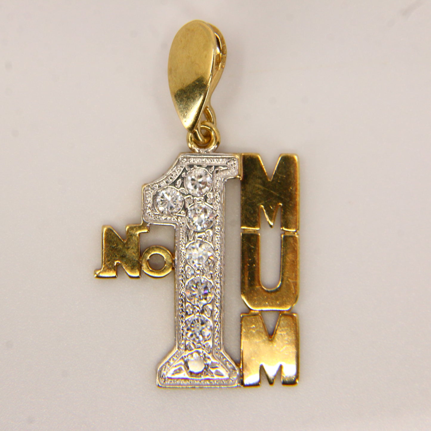 Vintage 9ct NO1 MUM Mother CZ Cubic Zirconia Solid Gold Pendant Charm Mothers Day Gift