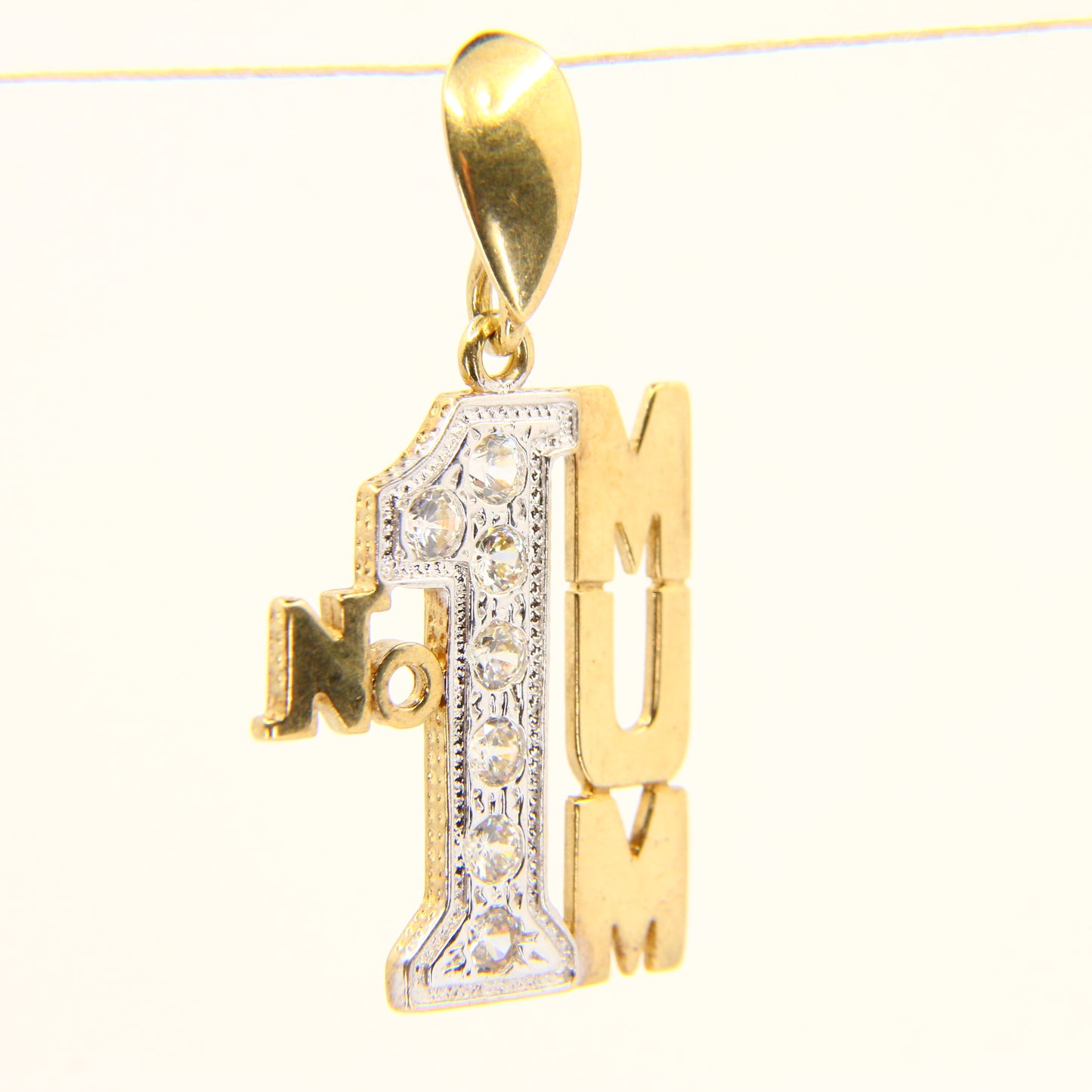 Vintage 9ct NO1 MUM Mother CZ Cubic Zirconia Solid Gold Pendant Charm Mothers Day Gift
