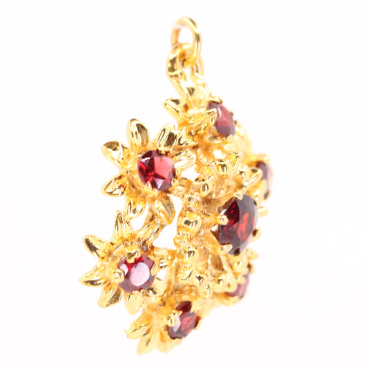 Vintage 9ct Hallmarked Gold Red Garnet Floral Cluster Bouquet Pendant Charm Gift