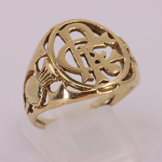 Vintage 9ct Hallmarked Yellow Gold Rangers RFC Football Ring UK SIZE S Boxed
