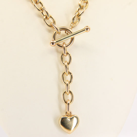 Vintage 9ct Hallmarked Gold Chain Necklace T Bar Heart Drop 16.5 Inch Gift