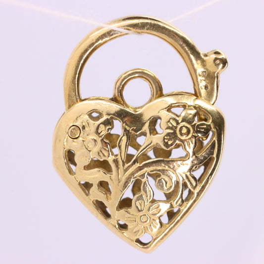 Vintage 9ct Yellow Gold Heart Lock Charm Padlock Pendant Floral Openwork Detail