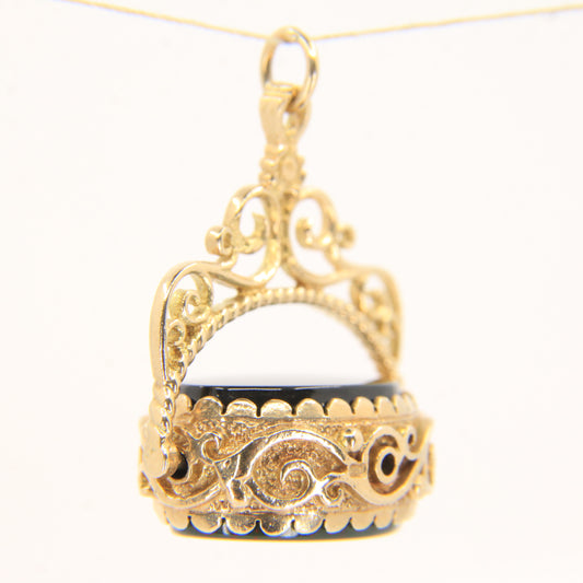 Vintage 9ct Hallmarked Gold Spinner Pendant Bloodstone Onyx Floral Fob Charm