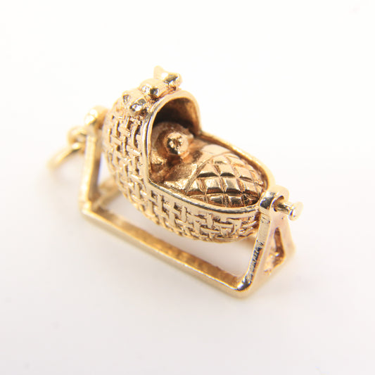 Vintage 9ct Hallmarked Yellow Gold Rocking Crib Newborn Baby Charm Pendant Gift