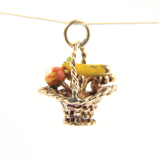 Vintage 9ct Hallmarked Gold Fruit Basket Charm Pendant Enamel Detail Miniature