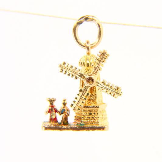 Vintage 9ct Gold Spinning Windmill Charm – Articulating Enamel Pendant Gift