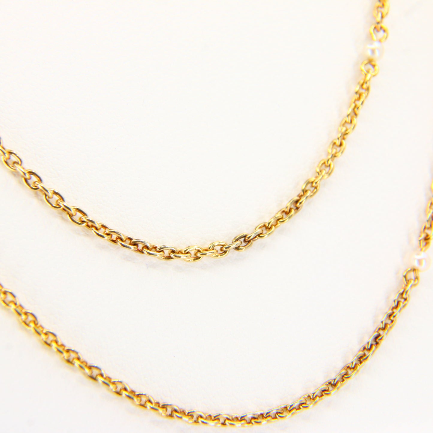 Antique 15k Victorian Guard Chain – 52" Yellow Gold, Pearl, Boxed