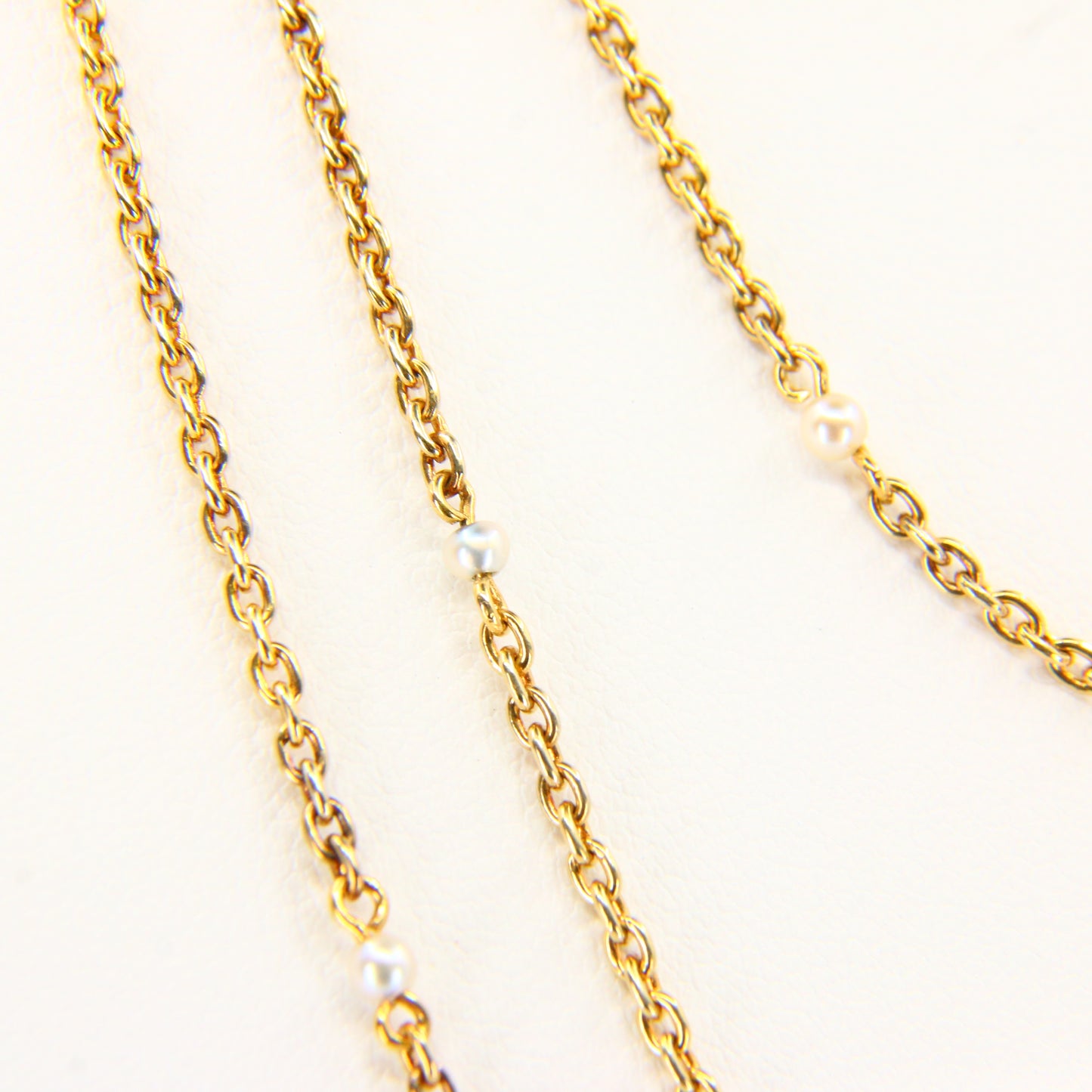 Antique 15k Victorian Guard Chain – 52" Yellow Gold, Pearl, Boxed