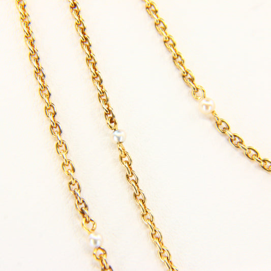 Antique 15k Victorian Guard Chain – 52" Yellow Gold, Pearl, Boxed