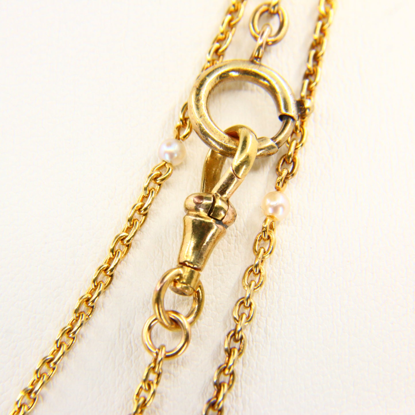 Antique 15k Victorian Guard Chain – 52" Yellow Gold, Pearl, Boxed