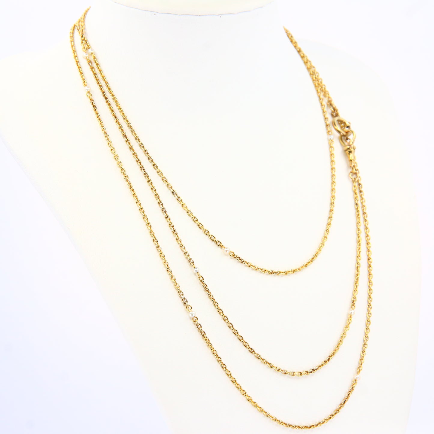 Antique 15k Victorian Guard Chain – 52" Yellow Gold, Pearl, Boxed