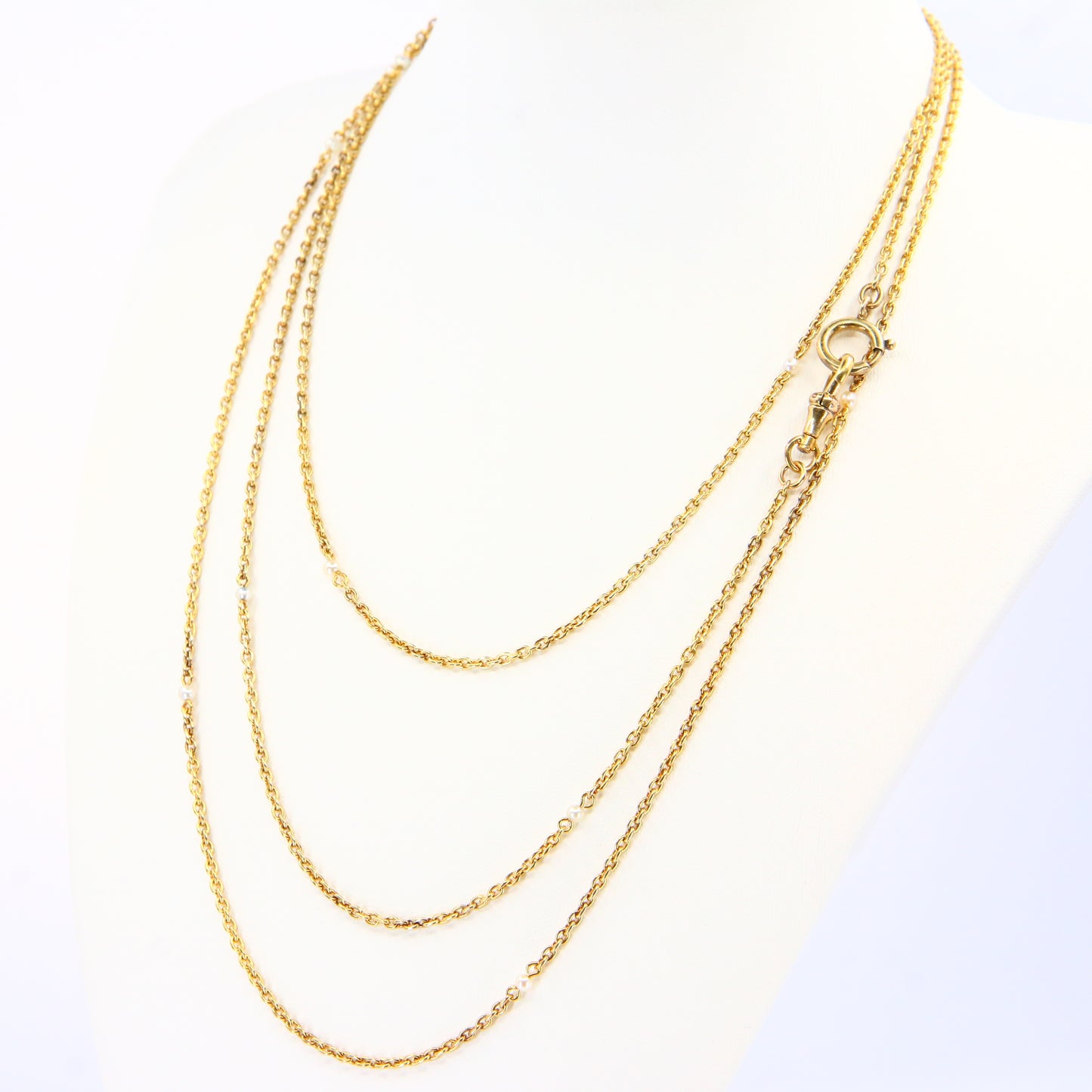 Antique 15k Victorian Guard Chain – 52" Yellow Gold, Pearl, Boxed