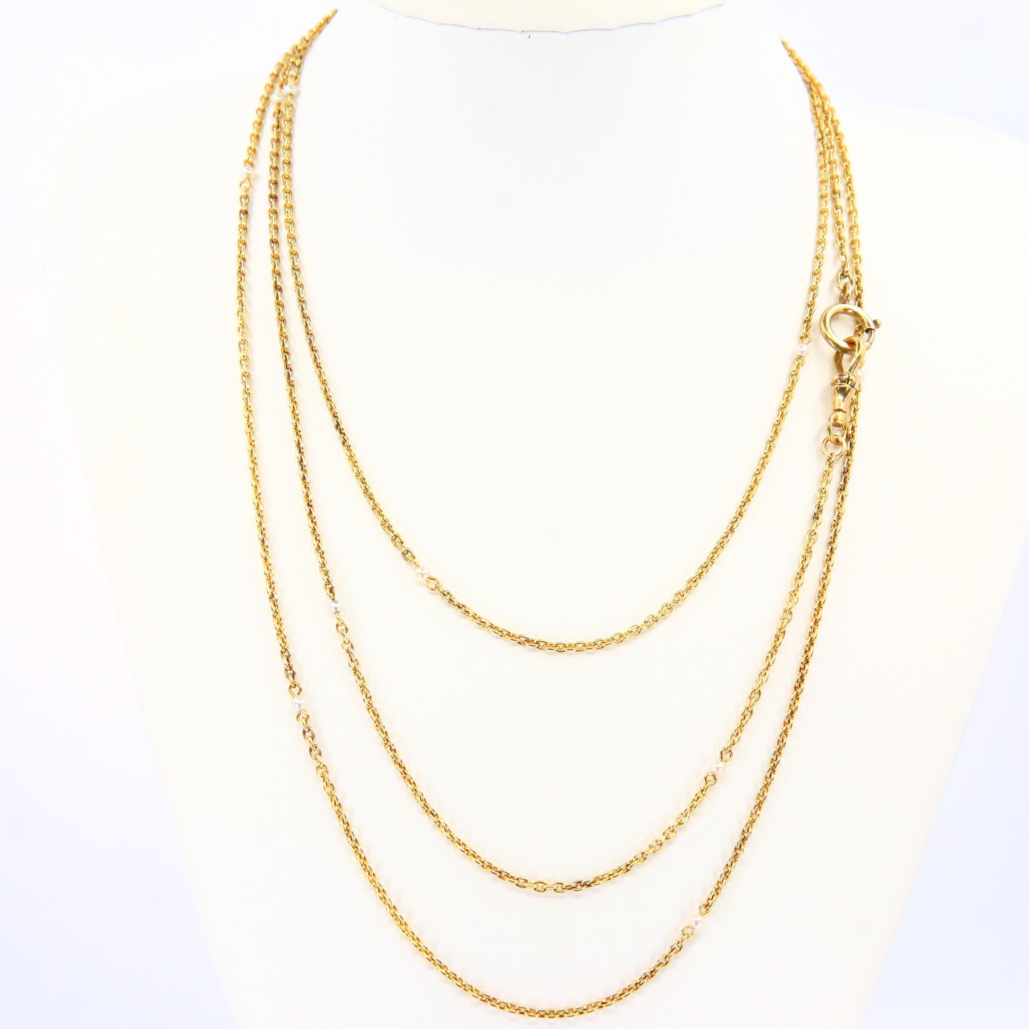 Antique 15k Victorian Guard Chain – 52" Yellow Gold, Pearl, Boxed