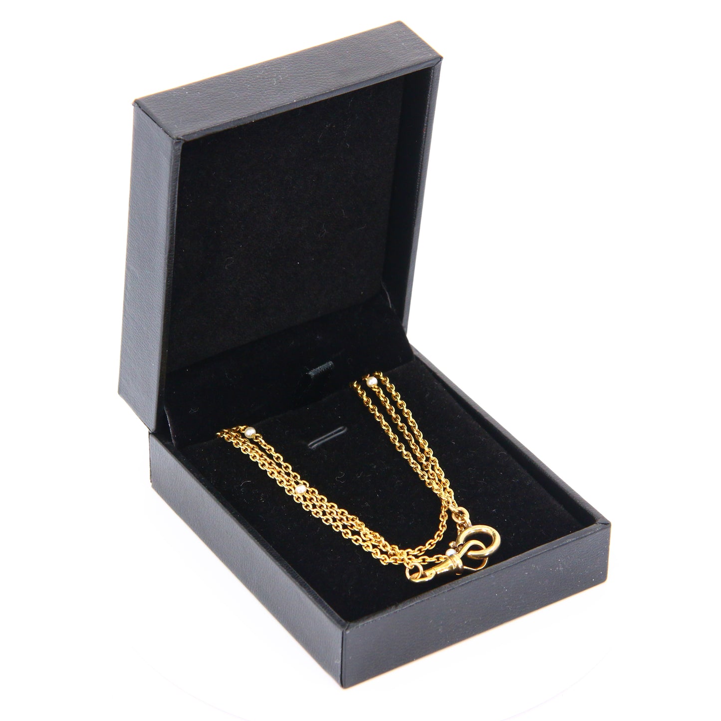 Antique 15k Victorian Guard Chain – 52" Yellow Gold, Pearl, Boxed