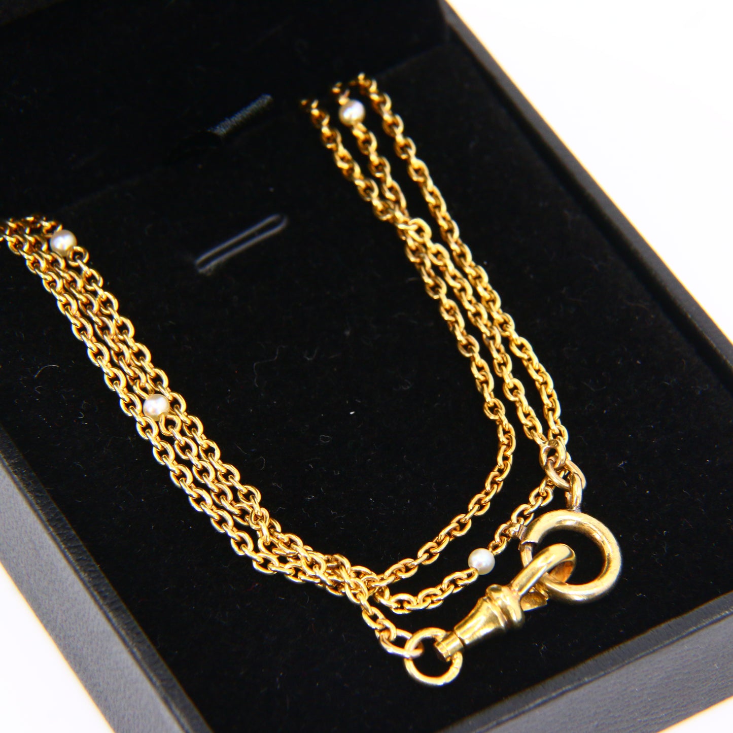 Antique 15k Victorian Guard Chain – 52" Yellow Gold, Pearl, Boxed