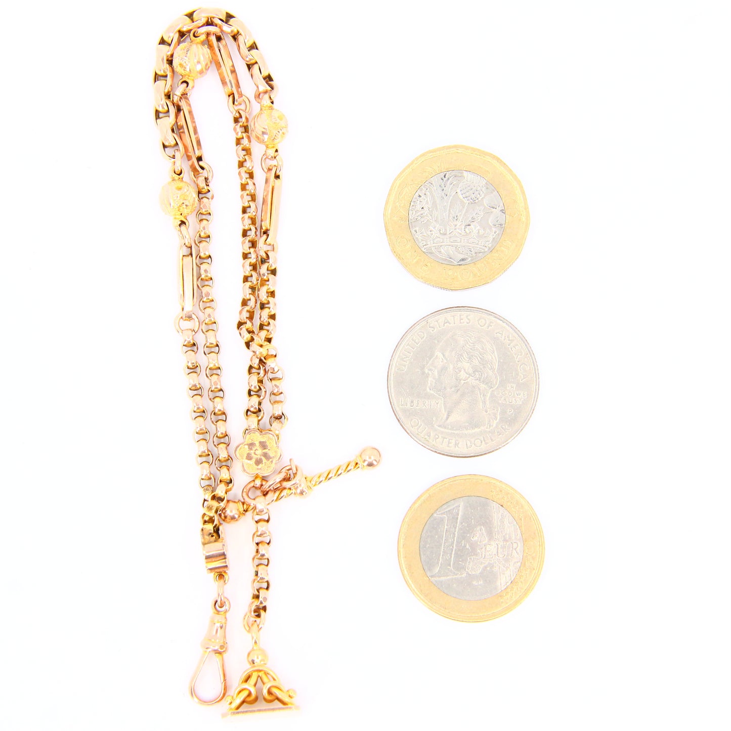 Antique 9ct Victorian Albertina 9-inch 9 Carat Yellow Gold Floral Fob Watch Chain