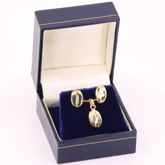 Vintage 9ct Yellow Gold Coffee Bean Jewellery Set Pendant Necklace Earrings Boxed Gift