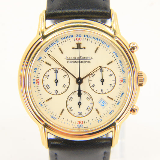 Vintage 18ct Jaeger LeCoultre Yellow Gold Quartz Chronograph Watch Leather Strap