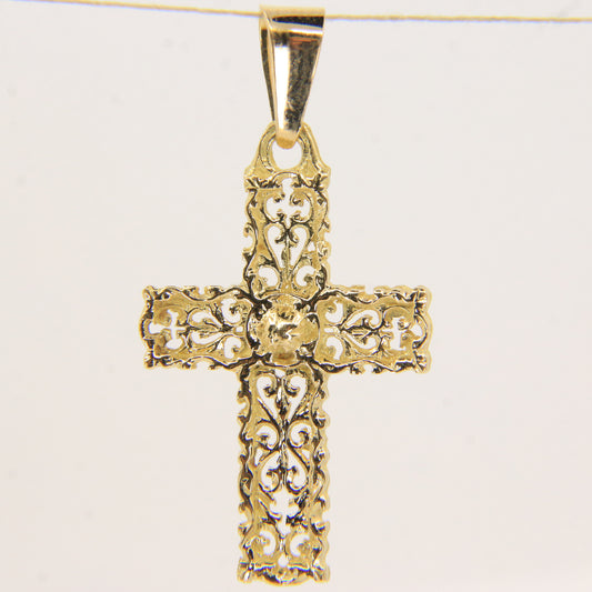 Vintage 18K Yellow Gold Ornate Cross Pendant Charm Christian Fine Jewellery Gift
