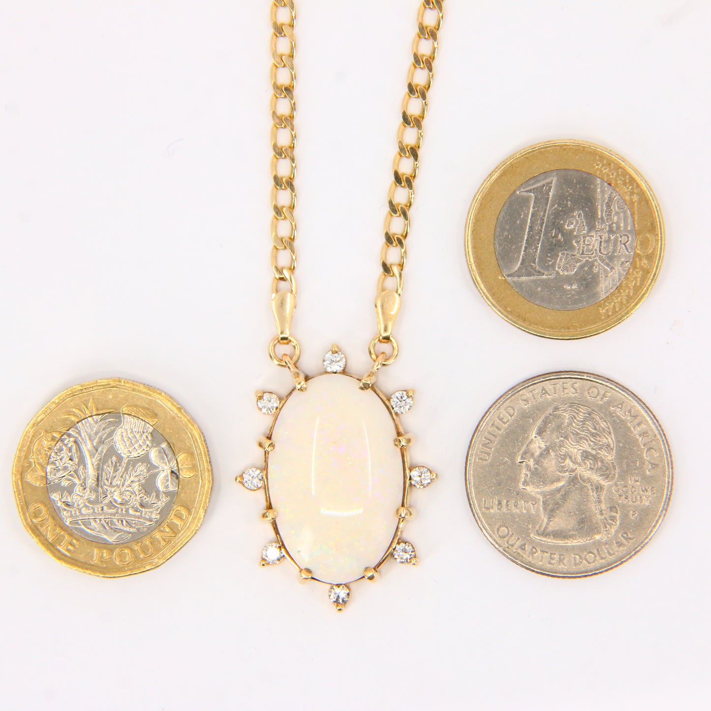 Vintage 9ct Opal CZ Pendant 15 INCH Chain Necklace Hallmarked 9 Carat Yellow Gold Boxed