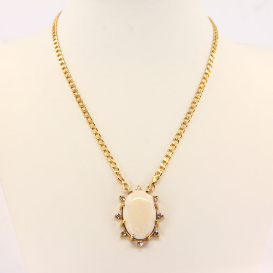Vintage 9ct Opal CZ Pendant 15 INCH Chain Necklace Hallmarked 9 Carat Yellow Gold Boxed