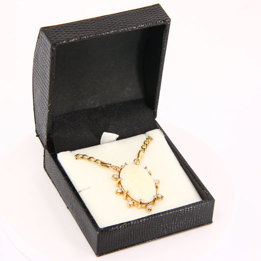 Vintage 9ct Opal CZ Pendant 15 INCH Chain Necklace Hallmarked 9 Carat Yellow Gold Boxed
