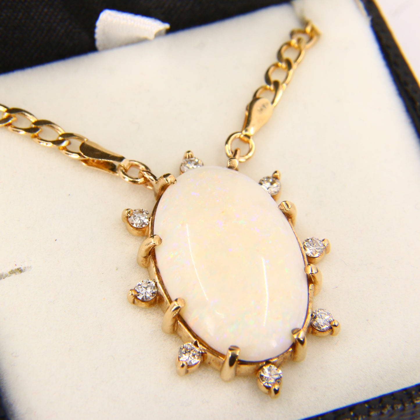 Vintage 9ct Opal CZ Pendant 15 INCH Chain Necklace Hallmarked 9 Carat Yellow Gold Boxed