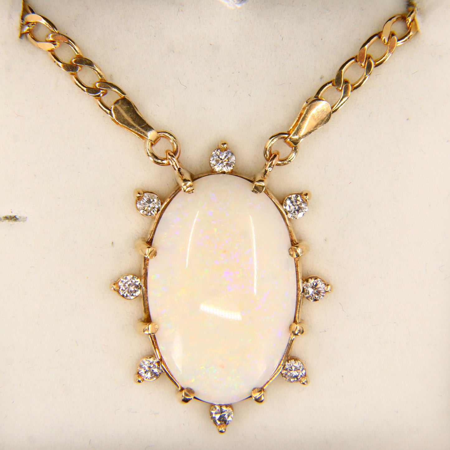 Vintage 9ct Opal CZ Pendant 15 INCH Chain Necklace Hallmarked 9 Carat Yellow Gold Boxed