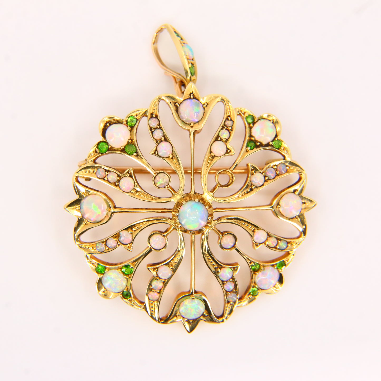 Antique 15K Opal & Emerald Pendant Brooch – Solid Yellow Gold Victorian Piece