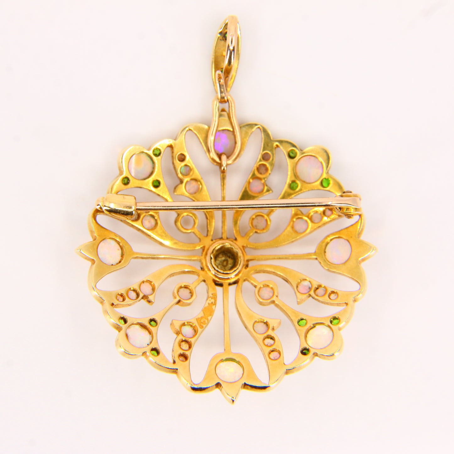 Antique 15K Opal & Emerald Pendant Brooch – Solid Yellow Gold Victorian Piece