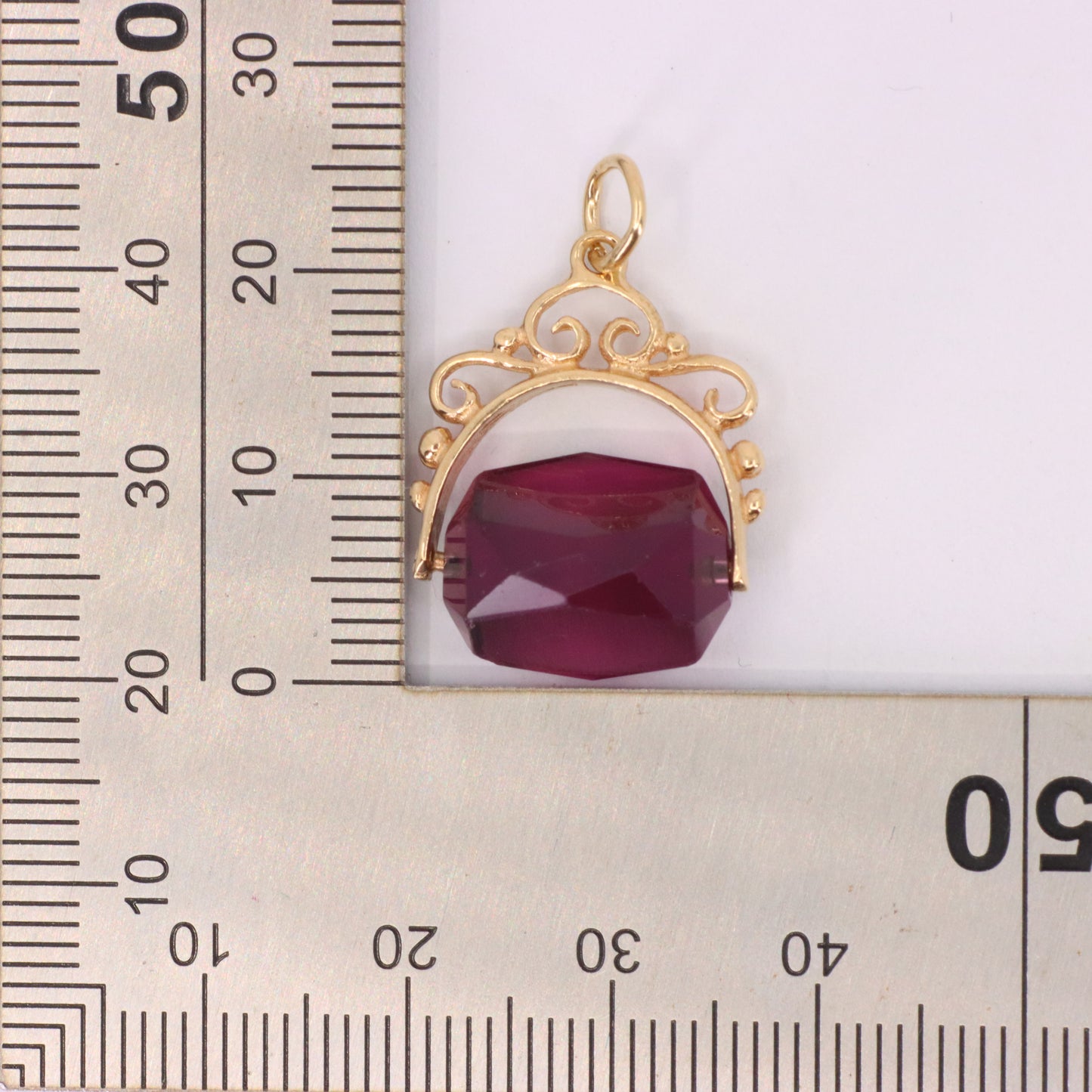 Vintage 9ct Yellow Gold Purple Glass Spinner Drop Fob Charm Pendant Gift
