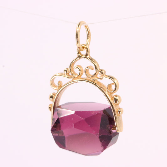 Vintage 9ct Yellow Gold Purple Glass Spinner Drop Fob Charm Pendant Gift