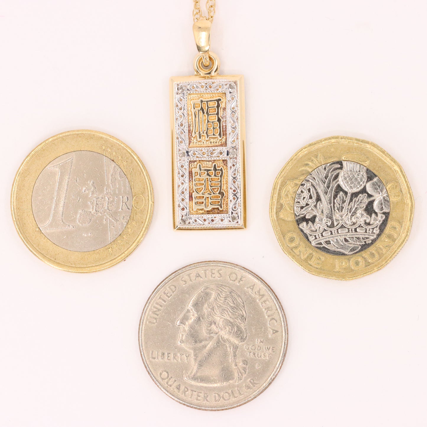 Vintage 9ct Hallmarked Gold Royal Mint Feng Shui Ingot Diamond Pendant Necklace