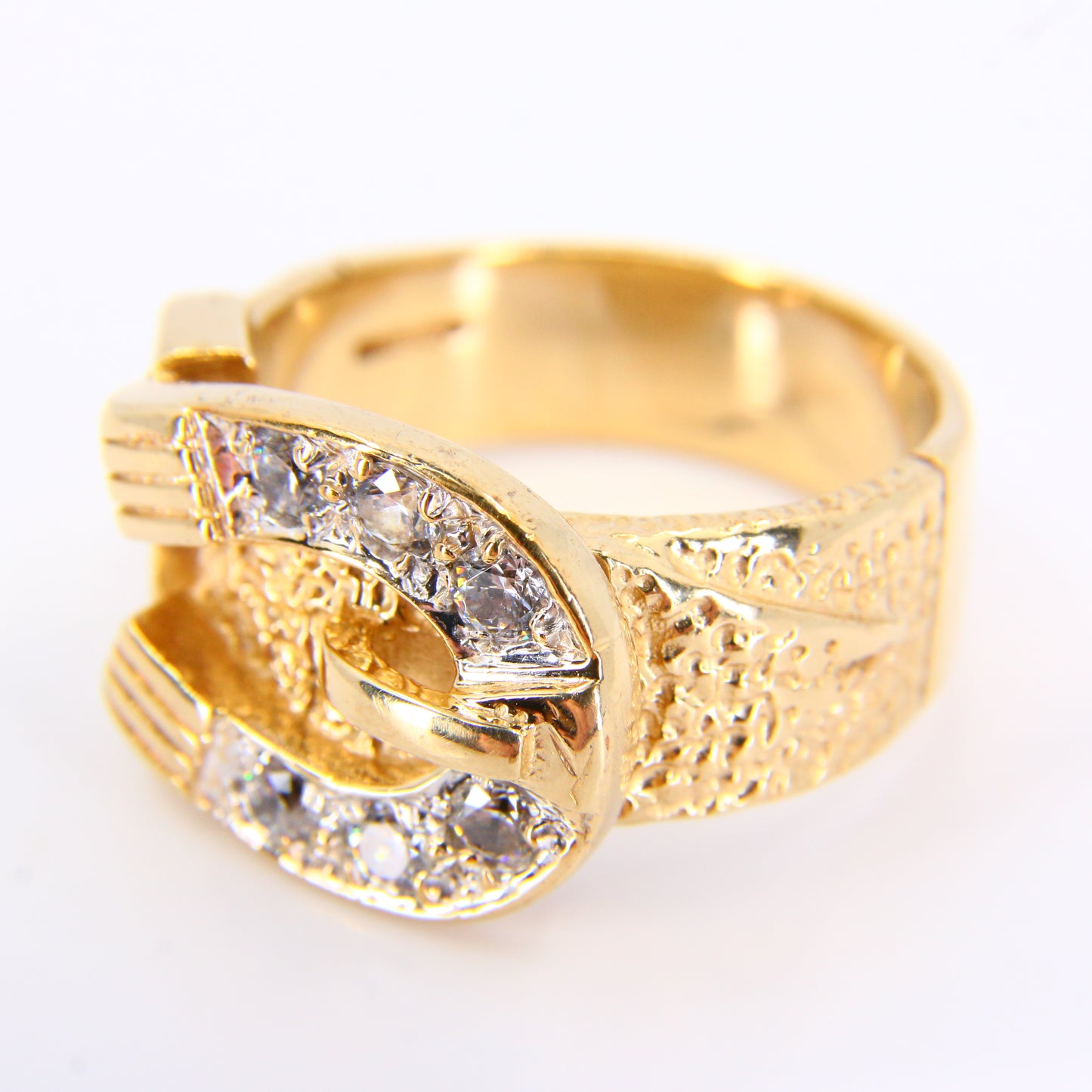 Vintage 9ct Gold Buckle Statement Ring CZ Hallmarked Yellow Gold UK Size X Boxed