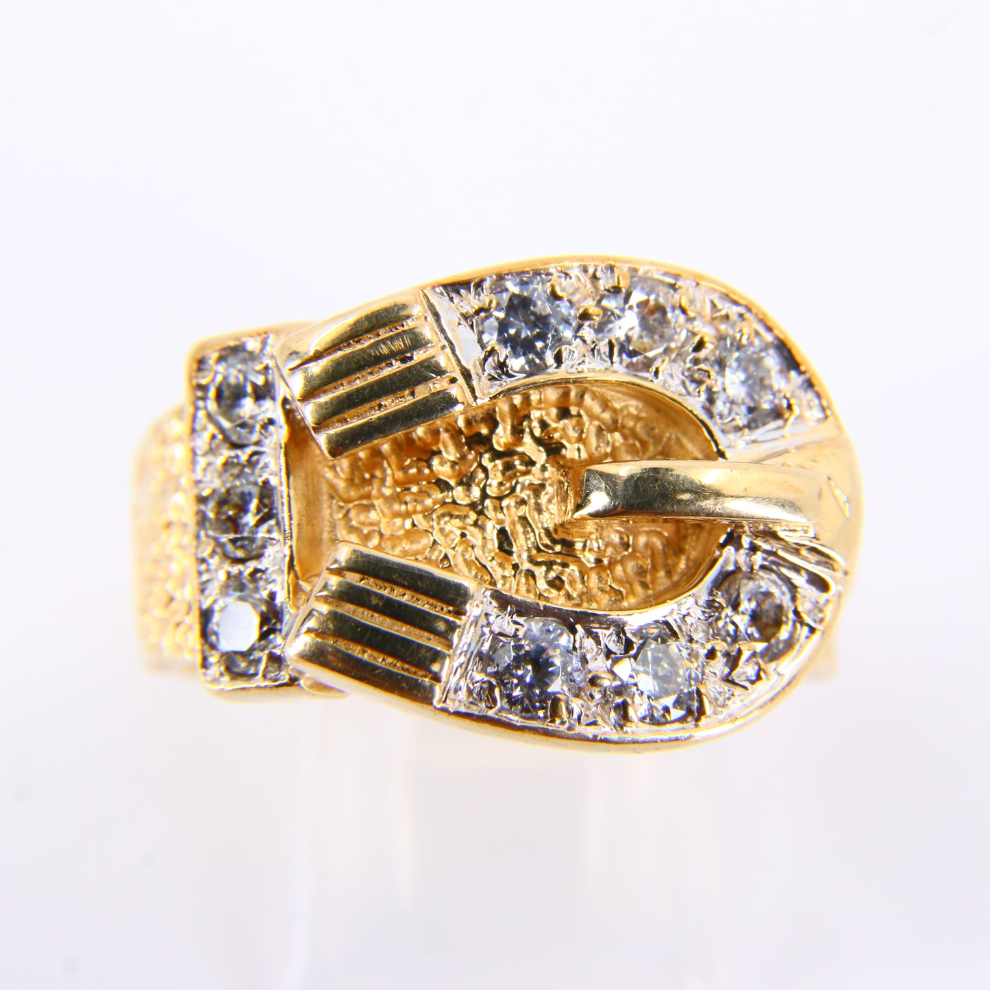 Vintage 9ct Gold Buckle Statement Ring CZ Hallmarked Yellow Gold UK Size X Boxed