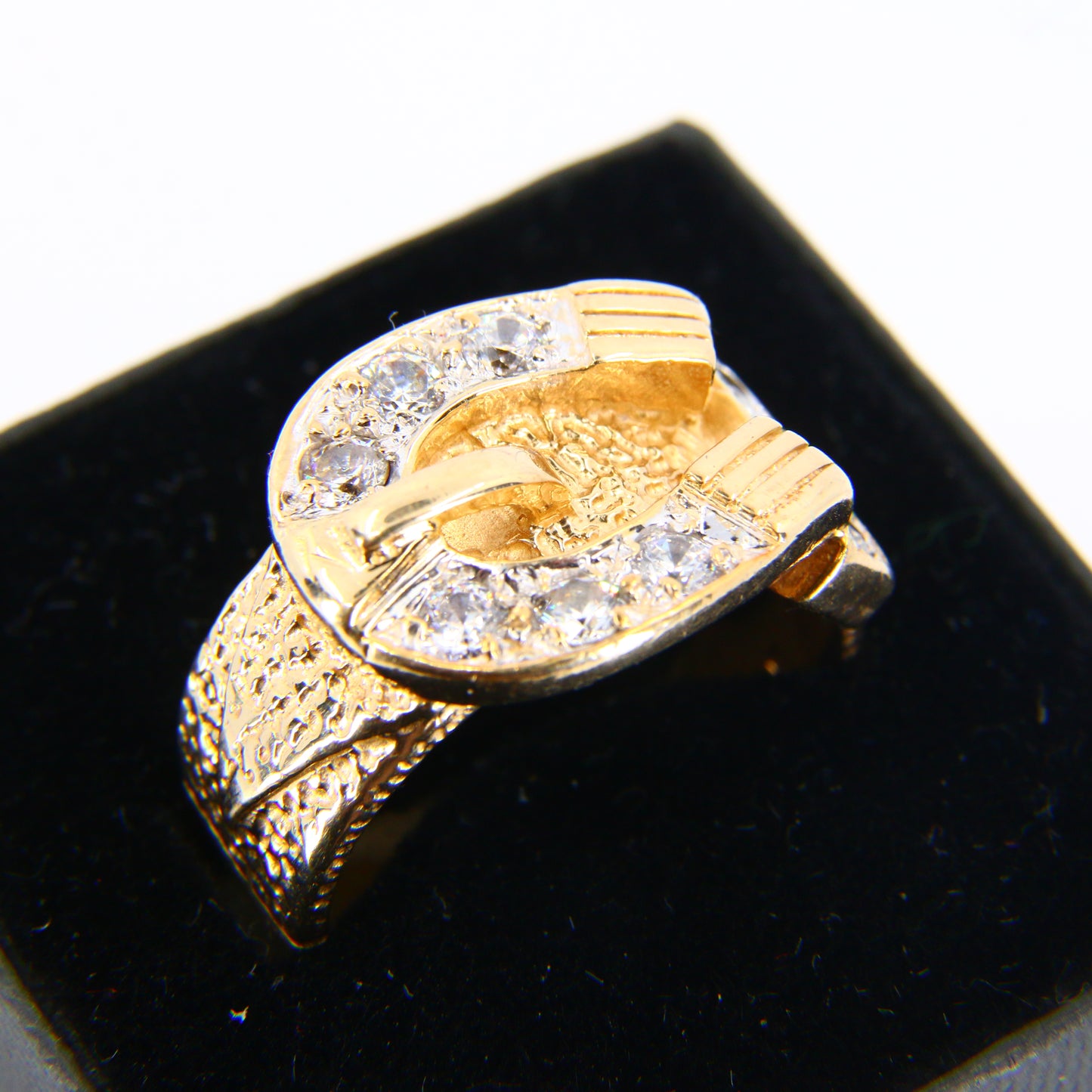 Vintage 9ct Gold Buckle Statement Ring CZ Hallmarked Yellow Gold UK Size X Boxed