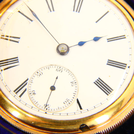 Antique 14K Gold Plated Half Hunter Pocket Watch Lever Brothers 1887 USA Keyless Wind Boxed Gift